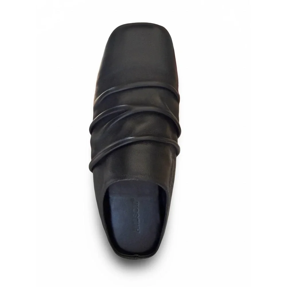 Black Faux Leather Ruched Square Toe Mules Mens Sz 8.5 Flat Slip On Slides